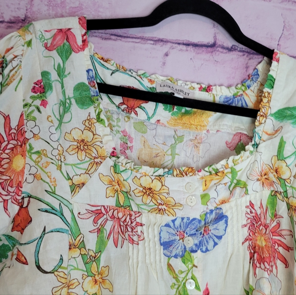 LAURA ASHELY LINEN BLEND BUTTON FRONT FLORAL PRINTED PUFF SLEEVE BOHO BLOUSE L - Picture 3 of 12
